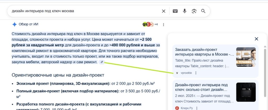 vproekte.com в Google AI Overview по запросу дизайн интерьера под ключ Москва